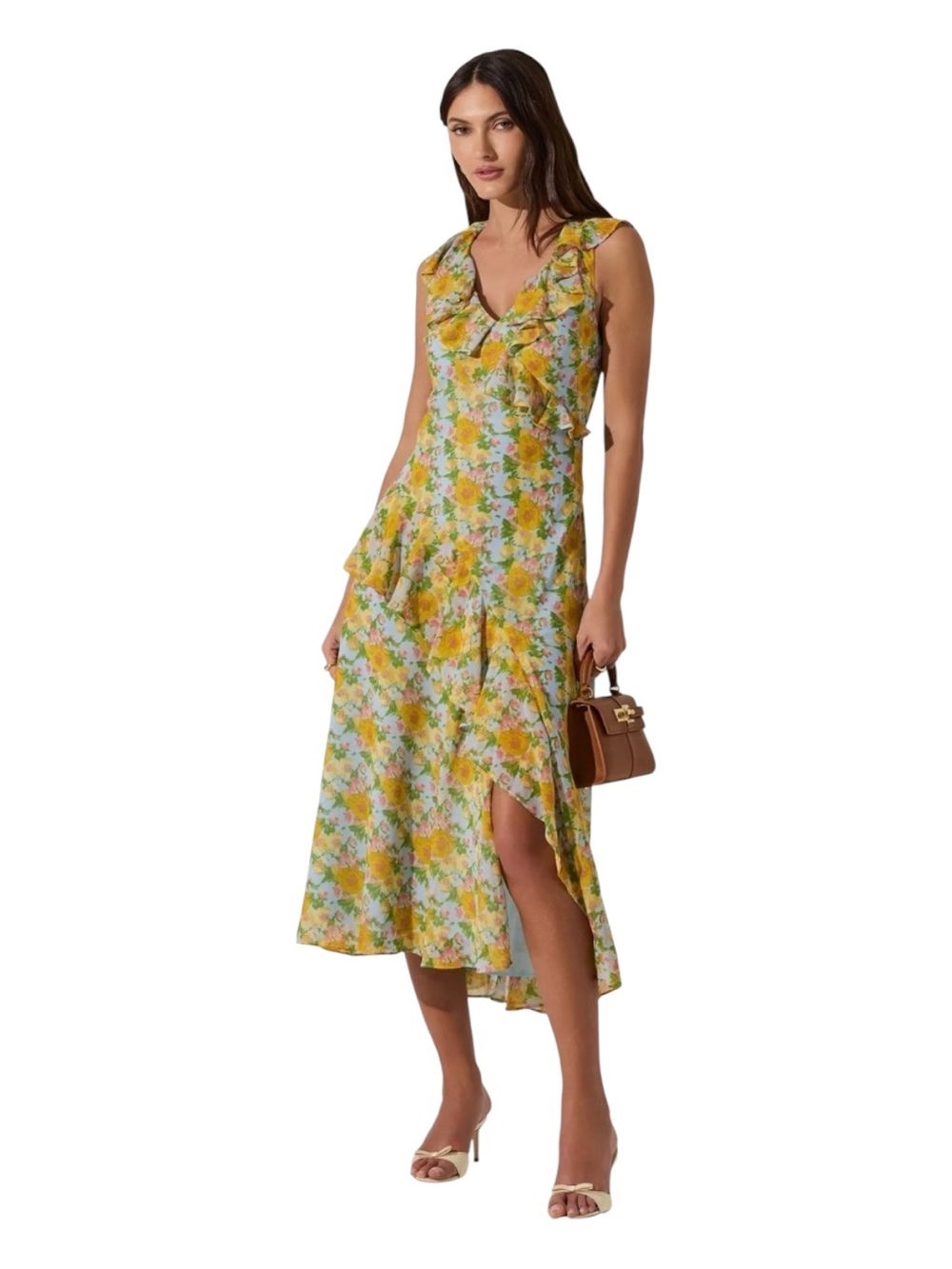 ASTR THE LABEL V-neck Floral Ruffle Midi Dress
